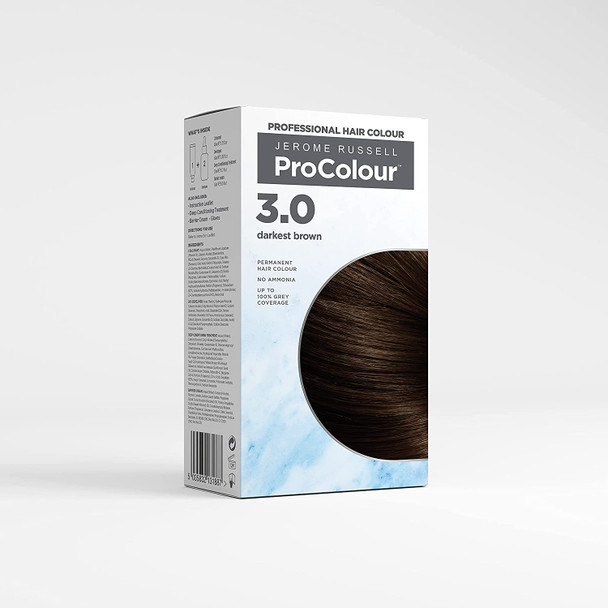 Jerome Russell ProColour Professional Hair Colour, Hair Dye, Permanent Hair Colour, No Ammonia, Grey Coverage, Darkest Brown 3.0