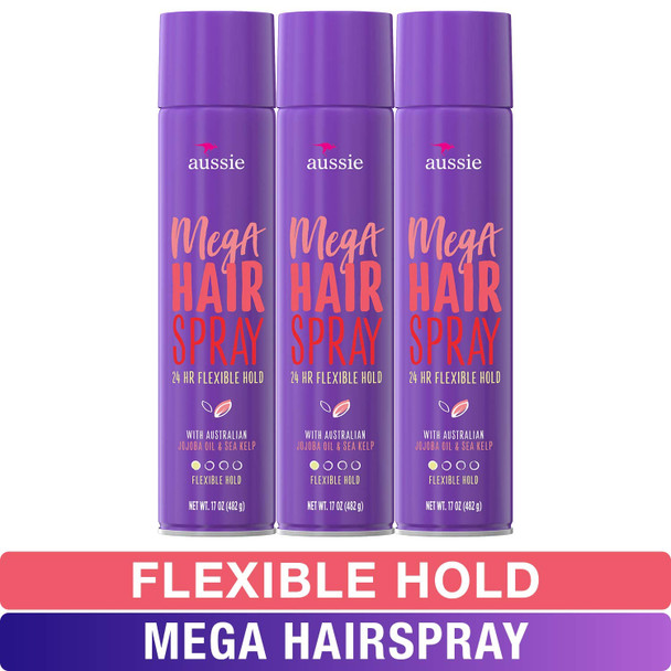 Aussie Mega Hairspray, with Jojoba Oil & Sea Kelp, Flexible Hold, 17 fl oz, Triple Pack