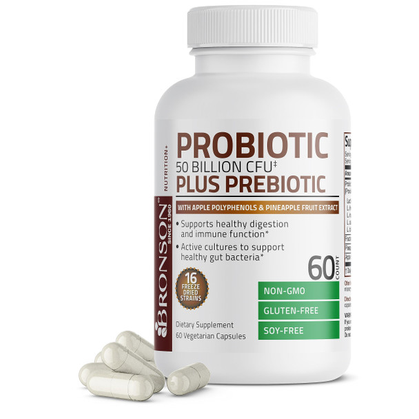 Bronson Probiotic 50 Billion Cfu + Prebiotic With Apple Polyphenols & Pineapple Fruit Extract For Women & Men Non-Gmo, 60 Vegetarian Capsules