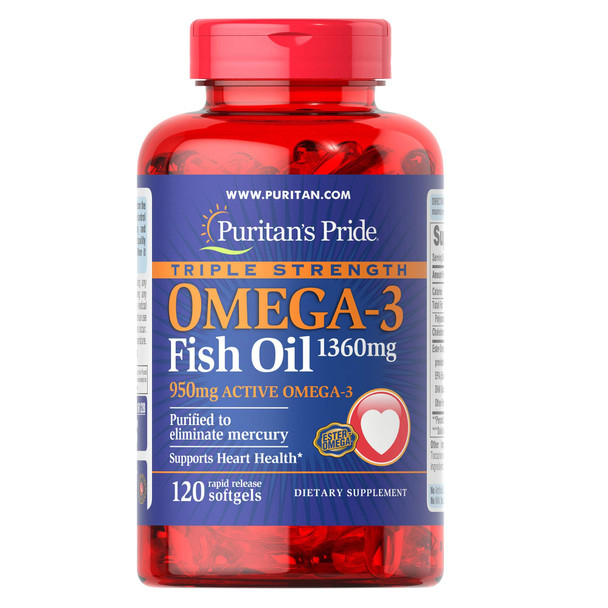 Puritans Pride Triple Strength Omega-3 Fish Oil 1360 Mg (950 Mg Active Omega-3), 120 Count