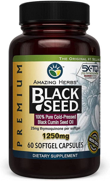 Amazing Herbs Premium Black Seed Oil Capsules - High Potency, Cold Pressed Nigella Sativa Aids in Digestive Health, Immune Support & Brain Function - 60 Count, 1250mg