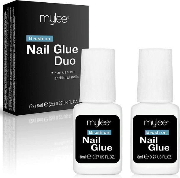 Mylee Brush on Nail Glue Duo 2x 8ml - Extra Strong Clear Nail Glue with Brush Tip, Super Strong Adhesive for Nail Art, Quick Dry, Broken Nail Repair, Vegan & Cruelty Free
