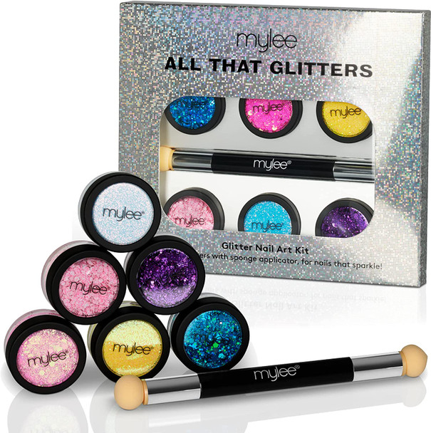 MYGEL by Mylee All That Glitters Glitter Kit - Club Tropicana - 6X Nail Glitter Jars + Sponge Applicator - DIY Nail Decoration, Sequins Powder, Holographic Dust Powder - Ideal for Nail Art & Crafts