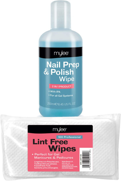 Mylee Gel Prep & Wipe Gel Nail Polish Finishing Wipe Residue Cleaner Remover 250ml + 100x Lint Free Wipes Kit, Preparation & After Care, UV LED Gel Polish Base Pre & Post Wipe, Sanitising & Removing Tacky Layer