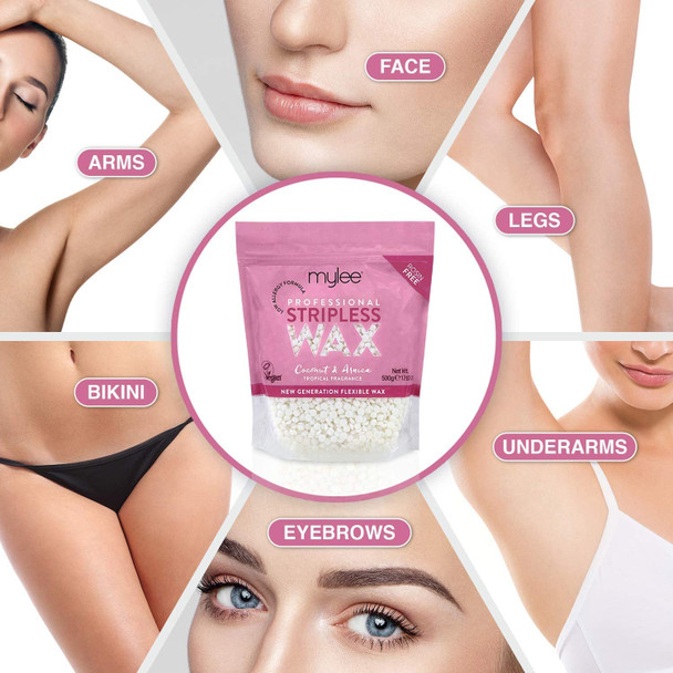 Mylee Professional Hard Wax Beads 500g, Stripless Depilatory Waxing Pellets Solid Film Beans No Strip Needed, Painless Gentle Hair Removal of Full Body, Face & Bikini Line (Coconut & Arnica)