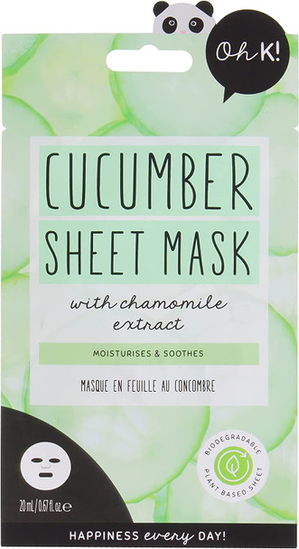 Oh K Soothing Cucumber Sheet Mask for Sensitive Skin, Hydrating and Reduces Redness, Biodegradable, Vegan and Cruelty Free, 27g