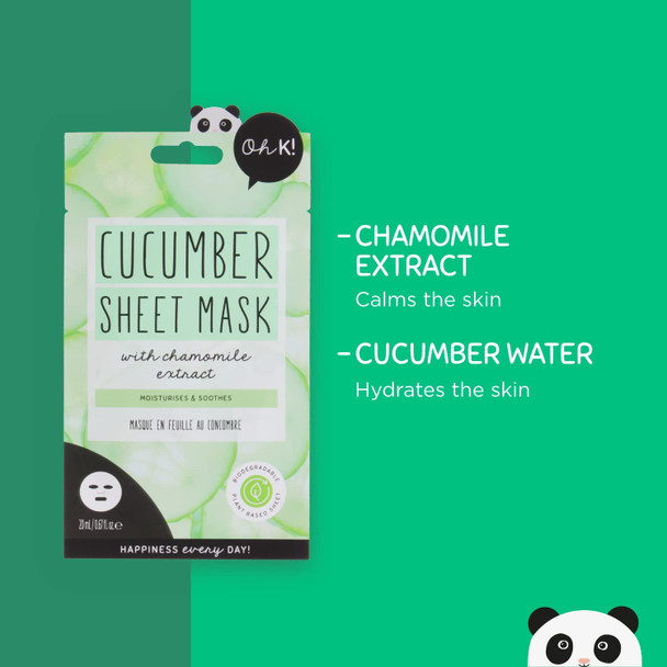 Oh K Soothing Cucumber Sheet Mask for Sensitive Skin, Hydrating and Reduces Redness, Biodegradable, Vegan and Cruelty Free, 27g