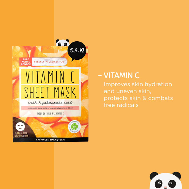 Oh K Vitamin C Sheet Mask for Dry and Dehydrated Skin, with added Hyaluronic Acid, Brightening Face Mask, Biodegradable, Vegan and Cruelty Free, 41g