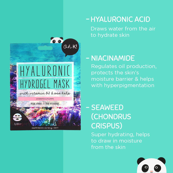 Oh K Hyaluronic Hydrogel Sheet Mask for Dry and Dehydrated Skin, With Added Niacinamide, Plumping, Biodegradable, Vegan and Cruelty Free, 46g