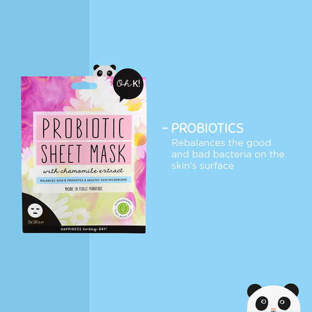 Oh K Calming Sheet Mask for Sensitive Skin, with Added Probiotics and Chamomile Extract, Biodegradable, Vegan and Cruelty Free, 42g