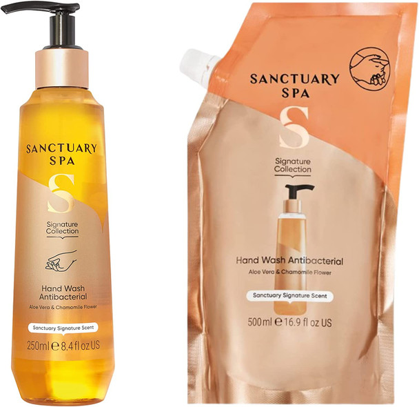 Sanctuary Spa Antibacterial Hand Wash, 250 ml with Antibacterial Hand Wash Refill, 500 ml, Vegan and Cruelty Free Liquid Soap Refills Bottle Twice