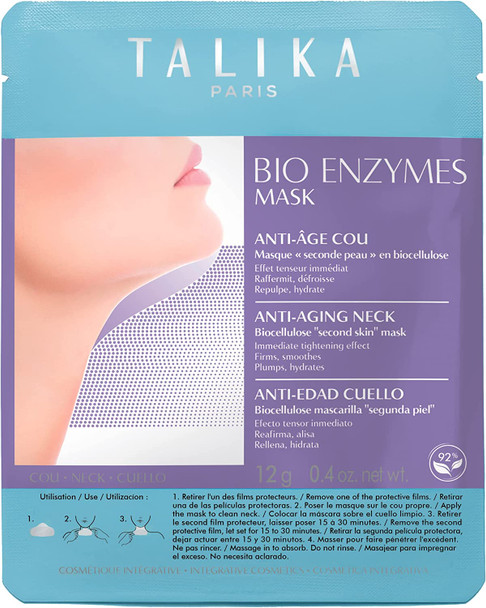 Talika Bio Enzymes Mask Neck - Smoothing Anti-Aging Neck Mask - Biocellulose Moisturizing Neck Mask - Second Skin Effect Beauty Sheet Mask - 12g