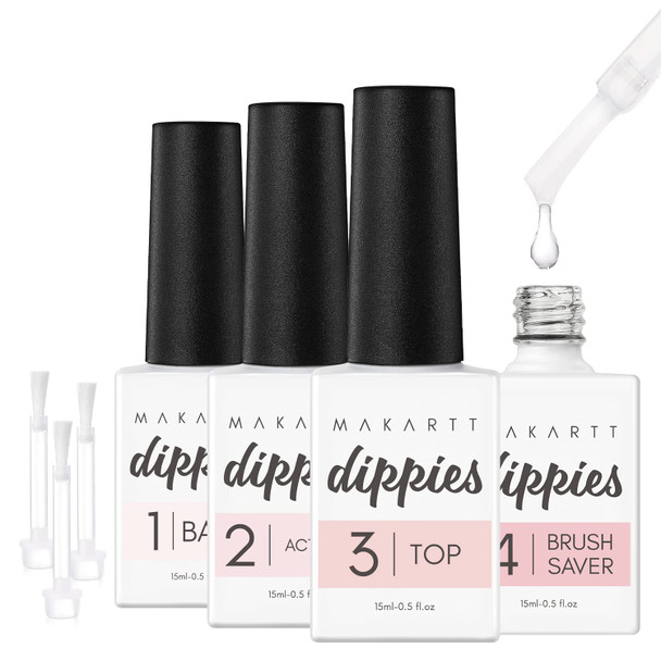 Makartt Dip Powder Liquid Set, 15ml Dippies Dip Liquid Set with Base-Top Coat, Activator and Brush Saver, 4pcs 0.5oz. Dipping Powder Essential Kit Dip Manicure No Nail Lamp Needed for Nail Salon Beginners