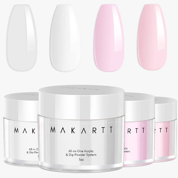 Makartt Dip Powder Nail Kit, Dippies Acrylic Powder 2 In 1 Clear White Nude Pink 4 Colors Acrylic Nail Dip Powder 1oz. French Manicure Kit Extension, Carve, Odor-Free, Long-Lasting Salon At Home DIY Spring