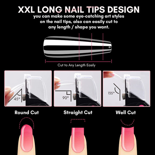 Makartt 240Pcs Soft Gel Nail Tips Gel Extension Nail Kit, Coffin XXL Extra Long Full Cover Nail Tips Press on Nails Ballerina Fake Nails Acrylic False Nails with 4pcs Glues 1pc Nail File for Nail Art