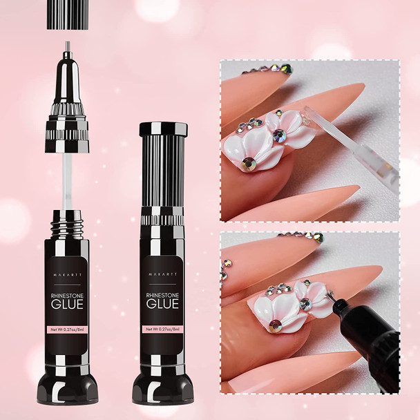 Makartt Updated 2pcs Nail Rhinestone Glue Gel with Brush& Pen tip, Clear Nail Glue Precision Pen Super Strong Adhesive Nail Art Glue Gel for Nail Decorations 3D Gems Stones Charms Flowers (8ml)