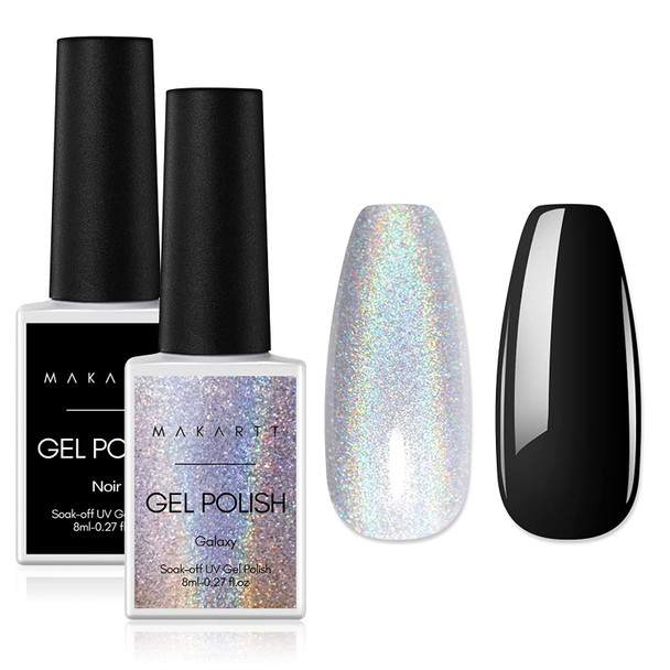 Makartt Holographic Gel Nail Polish Bundle with Gel Nail Polish Kit, 2 Color Black Gel Polish Glitter Reflective Gel Nail Polish, Black White Nail Polish Gel Set