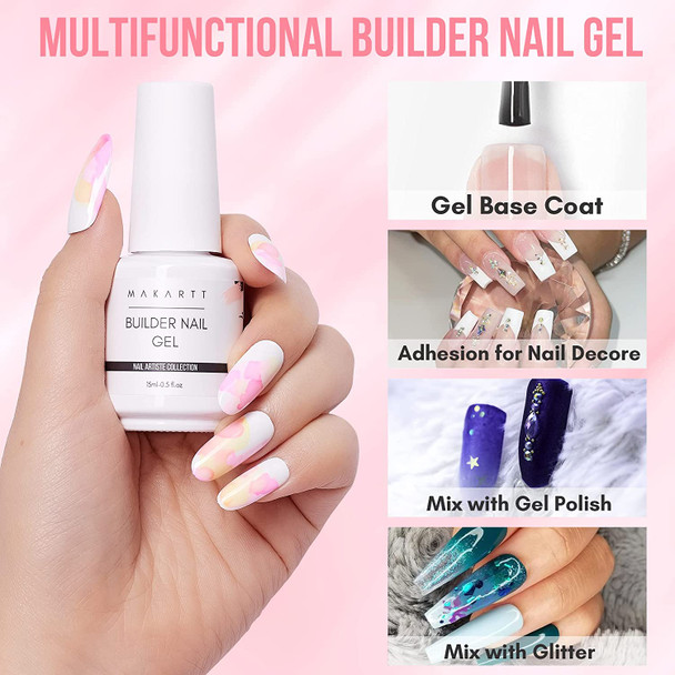 Makartt Builder Nail Gel 15 ml bundle with Makartt Top Coat 2pcs Clear Gel Nail Polish No Wipe Top Gel Long Lasting Gel Coat Soak Off Multifunctional Clear Gel Nail Polish Base Coat Nail Strengthener