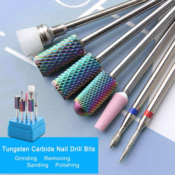 Makartt Nail Drill Bits, 7Pcs Tungsten Carbide Diamond Ceramic Nail Drill Bit Set For Acrylic Nails 3/32 Drill Bits For Nail Drill Remover Gel Polish Poly Nail Gel Nails Cuticles