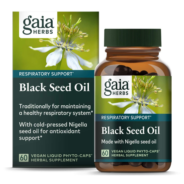 Gaia Herbs Cold Pressed Nigella Black Seed Oil for Lung and Respiratory Support Vegan Liquid Phyto Capsules, Clear, 60 Count