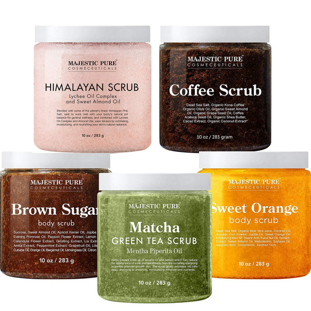 Majestic Pure Himalayan Scrub, Orange Scrub, Brown Sugar Scrub, Coffee Scrub, and Green Tea Scrub Bundle  Great Body Scrub Package