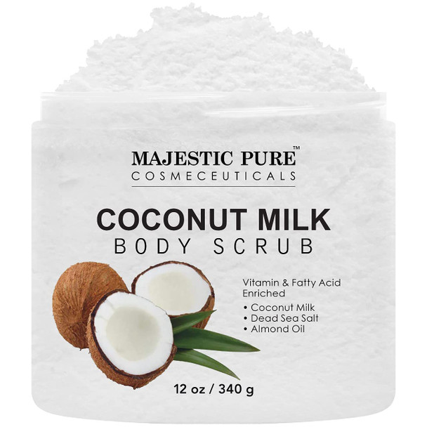 Majestic Pure Coconut Milk Body Scrub, Anti Cellulite & Exfoliator, Natural Skin Care Formula Helps with Stretch Marks, Eczema, Acne and Varicose Veins, 12 Oz