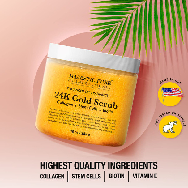 Majestic Pure 24K Gold Scrub - Biotin, Collagen, VitaminE & Stem Cell - Exfoliating Body Scrub, Skin Moisturizer, Pore Cleanser & Body Exfoliator - Natural Skin Care - 24k Scrub For Men & Women - 10oz