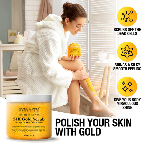 Majestic Pure 24K Gold Scrub - Biotin, Collagen, VitaminE & Stem Cell - Exfoliating Body Scrub, Skin Moisturizer, Pore Cleanser & Body Exfoliator - Natural Skin Care - 24k Scrub For Men & Women - 10oz