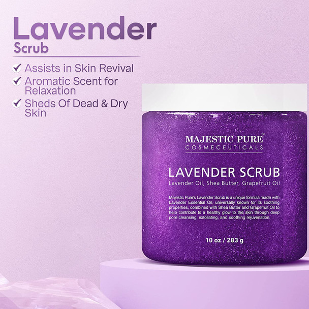 Lavender Oil Body Scrub Exfoliator with Shea Butter and Grapefruit Oil by Majestic Pure - Exfoliate & Moisturize Skin, Fights Acne - 10 oz