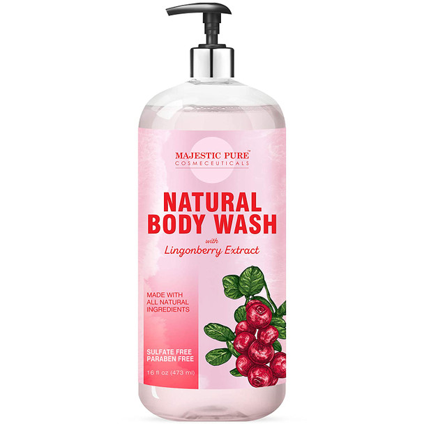 Majestic Pure All Natural Body Wash with Lingonberry Extract - for Body, Face and Hand - Liquid Soap, Sulfate Free & Paraben Free, for Women and Men - 16 fl oz