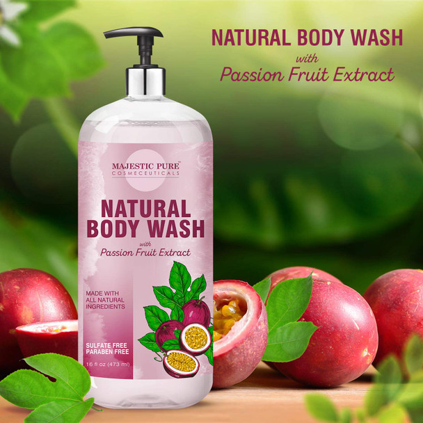 Majestic Pure All Natural Body Wash with Passion Fruit Extract - for Body, Face and Hand - Liquid Soap, Sulfate Free & Parabens Free, for Men and Women - 16 fl oz