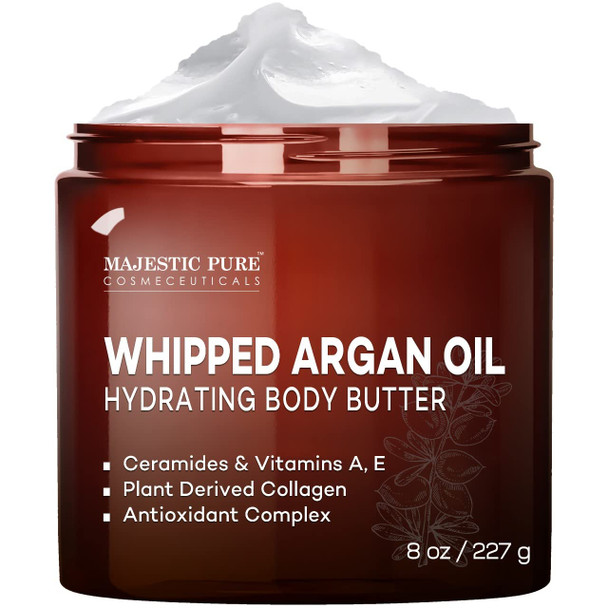 MAJESTIC PURE Whipped Argan Oil Body Butter for Women & Men - With Ceramides, Vitamin E & A & Vegan Collagen - Whipped Body Butter Argan Oil For Skin, Face, & Appearance of Wrinkles & Fine Lines - 8oz