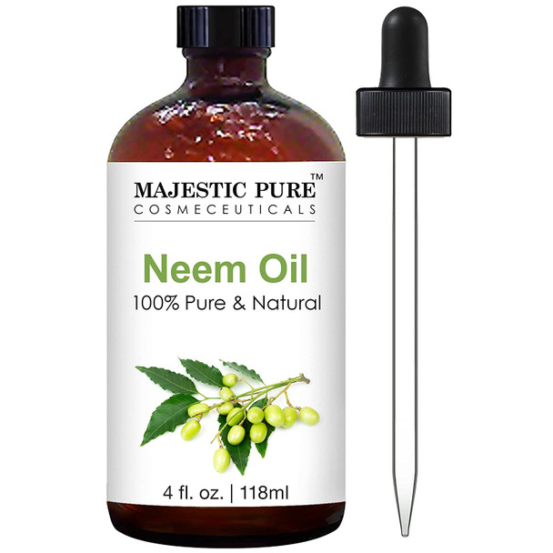 MAJESTIC PURE Neem Oil - 100% Pure Cold Pressed - Great for Skin Care, Hair Care, Massage Oil, Nails, Acne, & Moisturizer for Dry Skin - Neem Oil for Plants Spray, and Essential Oils Mixing - 4 Fl Oz