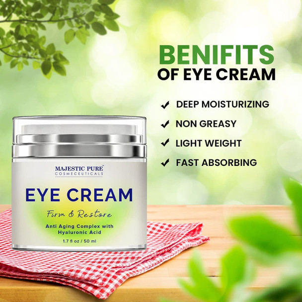 MAJESTIC PURE Under Eye Cream with Hyaluronic Acid - Anti Aging & Firming - Reduces Appearance of Dark Circles, Puffiness, Eye Bags & Crows Feet - Youthful & Bright Appearance - Men and Women - 50ml