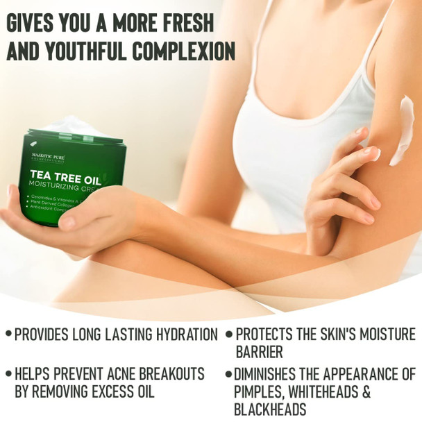 MAJESTIC PURE Tea Tree Oil Moisturizing Cream - Body, Foot & Face Moisturizer - With Ceramides, Vitamins A E & Vegan Collagen - For Dry Skin, Oily Skin, & Appearance Of Wrinkles, Acne & Scars - 16 oz