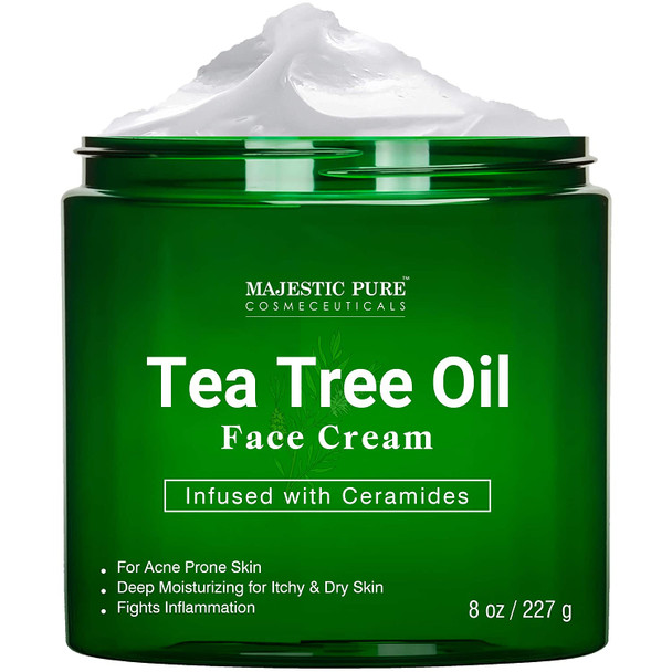 MAJESTIC PURE Tea Tree Oil Face Cream Therapeutic Grade, Acne Scar Remover and Pimple Cream, Infused with Ceramides, Fights Acne and Soothes Acne Scars, Face Moisturizer, 8 oz