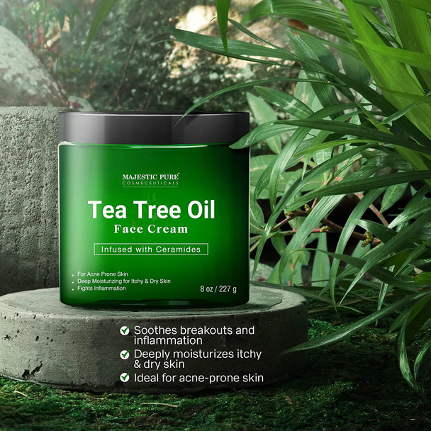 MAJESTIC PURE Tea Tree Oil Face Cream Therapeutic Grade, Acne Scar Remover and Pimple Cream, Infused with Ceramides, Fights Acne and Soothes Acne Scars, Face Moisturizer, 8 oz
