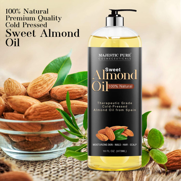 MAJESTIC PURE Sweet Almond Oil, Triple A Grade Quality, Pure and Natural from Spain, Cold Pressed, (Packaging May Vary) - 16 fl. Oz