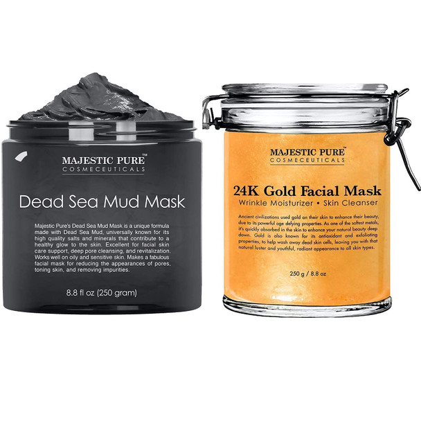 Majestic Pure Dead Sea Mud Mask and 24K Gold Mask Bundle  Face and Skin Care for Women and Men