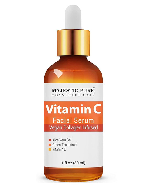 MAJESTIC PURE Vitamin C Serum for Face, Anti Aging Serum with Vegan Collagen, Vitamin E, Aloe Vera Gel & Green Tea Extract - Hydrating Facial Serum for Dark Spots, Fine Lines and Wrinkles, 1 fl oz