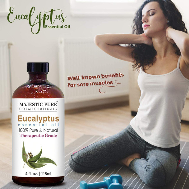 Majestic Pure Peppermint Essential Oil and Eucalyptus Essential Oil Bundle - Great 2 Eucalyptus Plus 1 Peppermint Oil Combo for Aromatherapy, Massage, Topical and Household Uses - 4 fl oz Each