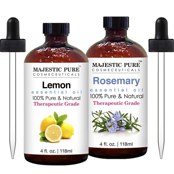 Majestic Pure Lemon Essential Oil and Rosemary Essential Oil Bundle  100% Natural Therapeutic Grade Oils for Aromatherapy, Topical and Household Uses