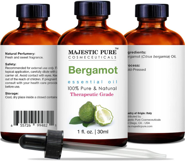 MAJESTIC PURE Bergamot Essential Oil, Therapeutic Grade, Pure and Natural, for Aromatherapy, Massage, Topical & Household Uses, 1 fl oz