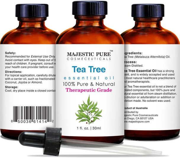 MAJESTIC PURE Tea Tree Essential Oil - Pure, Natural and Therapeutic Grade - Tea Tree Oil for Skin, Face, Hair, Nails, Acne, Scalp, Massage, Aromatherapy, Diffuser, Topical & Household Uses - 1 fl oz