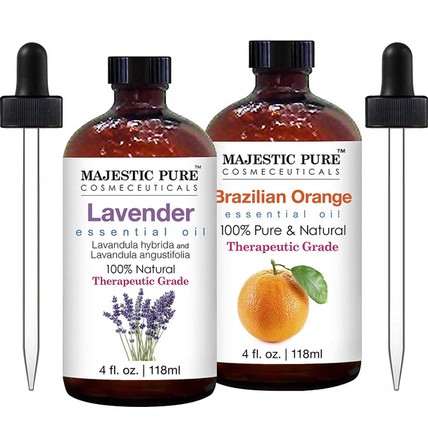 Lavender Essential Oil and Orange Essential Oil Bundle by Majestic Pure - Great Combo for Aromatherapy, Massage, Topical and Household Uses