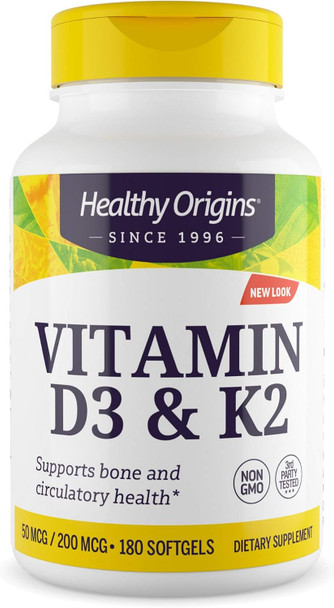 Healthy Origins Vitamin D3 & K2, 50 Mcg (2, 000 IU)/K2 200 Mcg, Softgels, 180 Count (Pack of 1)