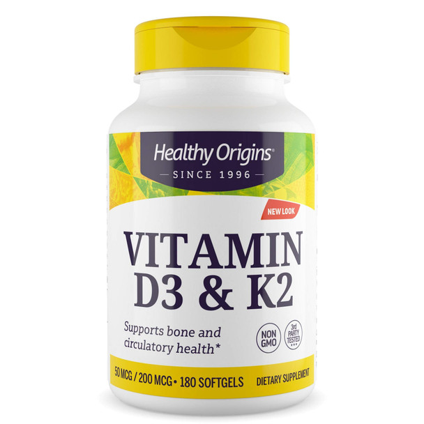 Healthy Origins Vitamin D3 & K2, 50 Mcg (2, 000 IU)/K2 200 Mcg, Softgels, 180 Count (Pack of 1)