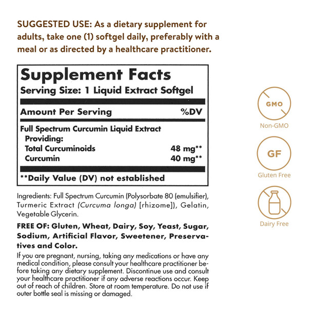 Solgar Full Spectrum Curcumin Liquid Extract, 60 Softgels - Faster Absorption - Brain, Joint & Immune Health - Long Lasting Support - Gluten Free, Non GMO, Dairy Free, Soy Free - 60 Servings