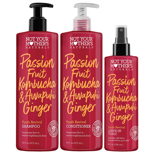 Not Your Mother's Naturals Youth Revival Shampoo, Conditioner, and Leave-In Tonic - Passion Fruit Kombucha & Awapuhi Ginger - Invigorates Hair to Restore Brightness & Shine