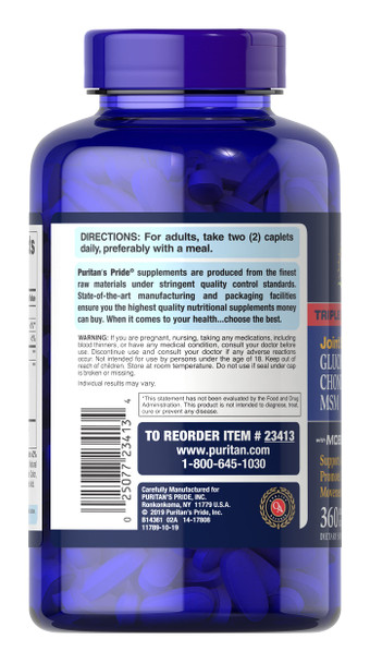 Puritan's Pride Glucosamine, Chondroitin & MSM Joint Soother-2 Per Day Formula 360Tablets